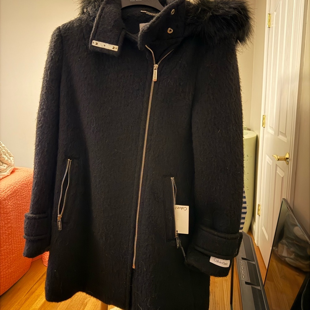 Calvin Klein Women's Black Trench Coat with Fur Hood